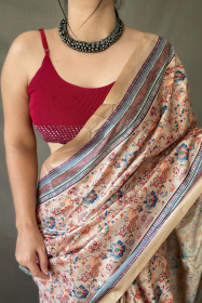 Kanjeevaram Silk Madhubani Printed Saree with contrast pallu - Ivory