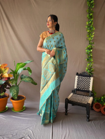 Pure Linen Silk Sarees with woven motifs and Rich Pallu - Sky Blue