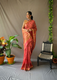 Pure Linen Silk Sarees with woven motifs and Rich Pallu - Light Red