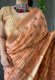 Pure Linen Silk Sarees with woven motifs and Rich Pallu - Peach