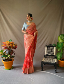 Pure Linen Silk Sarees with woven motifs and Rich Pallu- Red