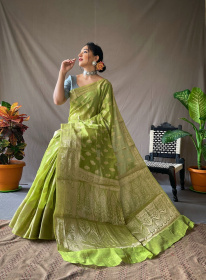 Pure Linen Silk Sarees with woven motifs and Rich Pallu - Green