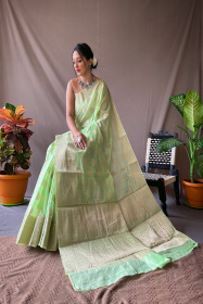 Pure Linen Silk Sarees with woven motifs and Rich Pallu - Light Green