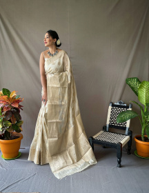 Pure Linen Silk Sarees with woven motifs and Rich Pallu - Off White