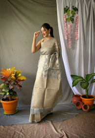 Linen Silk Saree with Zari Jaal Weaving with Rich Pallu - Grey