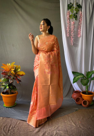 Linen Silk Saree with Zari Jaal Weaving with Rich Pallu - Orange