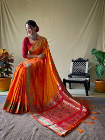 Paithani Silk saree with Rich Meenakari Woven pallu and Border -Orange