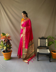 Paithani Silk saree with Rich Meenakari Woven pallu and Border - Pink