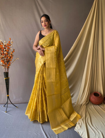 Banarasi Organza saree with zari weaving border and pallu - yellow