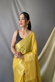 Banarasi Organza saree with zari weaving border and pallu - yellow