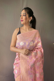 Linen Silk Saree with Zari Jaal Weaving And  Rich Pallu- Pink