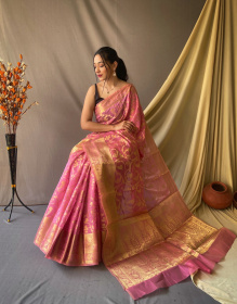 Banarasi Organza saree with zari weaving border and pallu - Pink