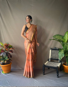Copper Zari woven Linen Tissue Silk Saree with Rich Pallu - Peach