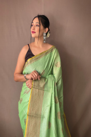 Copper Zari woven Linen Tissue Silk Saree with Rich Pallu -Light Green