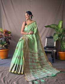 Copper Zari woven Linen Tissue Silk Saree with Rich Pallu -Light Green