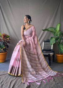 Copper Zari woven Linen Tissue Silk Saree with Rich Pallu - Pink