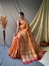 Pure Cotton Saree with Gold Zari woven motif and Rich Pallu - Peach