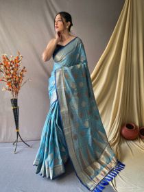 Pure Cotton Saree with Gold Zari woven motif and Rich Pallu - Blue