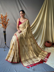 Pure Cotton Saree with Gold Zari woven motif and Rich Pallu - Ivory