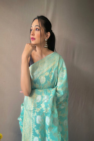 Linen Silk Saree with Zari Jaal Weaving And  Rich Pallu- Aqua Blue