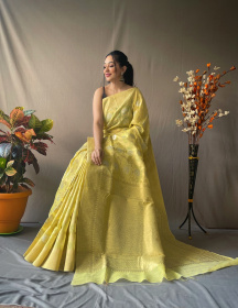 Linen Silk Saree with Zari Jaal Weaving And  Rich Pallu- Golden