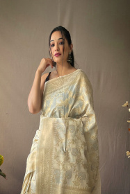 Linen Silk Saree with Zari Jaal Weaving And  Rich Pallu- Off White