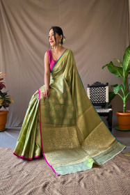 Two Toned Soft Silk Sarees with Golden Zari Weaving Motifs -Silk Green