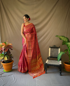 Patola saree with gold Zari border and Rich Weaving Pallu - Wine
