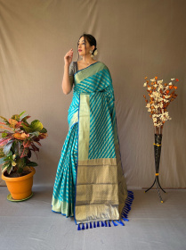 Patola Lehariya saree with gold Zari border and Rich Pallu - Sky Blue