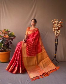 Patola Lehariya saree with gold Zari border and Rich Pallu - Red