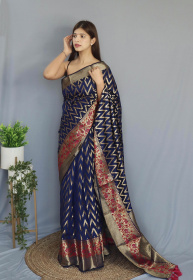 Banarasi silk saree with gold zari Woven border and Pallu - Navy Blue