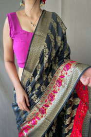 Gold zari Woven Banarasi silk saree with meenakari border - Black