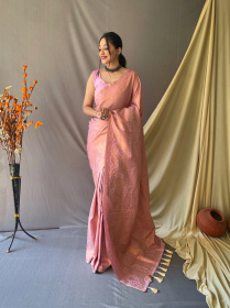 Gold Zari Woven Kanjeevaram Soft Silk Sarees - Pink