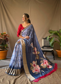 Dola Silk digital printed saree With jacquard  border - Navy Blue