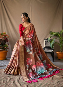 Dola Silk digital printed saree With jacquard  border - Brown