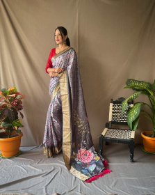 Dola Silk digital printed saree With jacquard  border - Grey