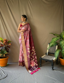 Dola Silk digital printed saree With jacquard  border - Wine