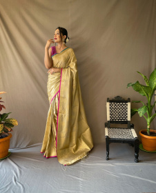 Two Toned Soft Silk Sarees with Golden Zari Weaving Motifs -Ivory