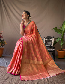 Two Toned Soft Silk Sarees with Golden Zari Weaving Motifs - Peach