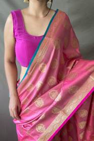 Two Toned Soft Silk Sarees with Golden Zari Weaving Motifs - Pink