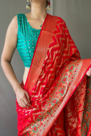 Gold zari Woven Banarasi silk saree with meenakari border - Red