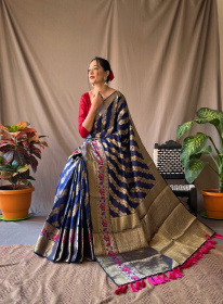 Gold zari Woven Banarasi silk saree with meenakari border - Navy Blue