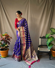 Gold zari Woven Banarasi silk saree with meenakari border - Violet